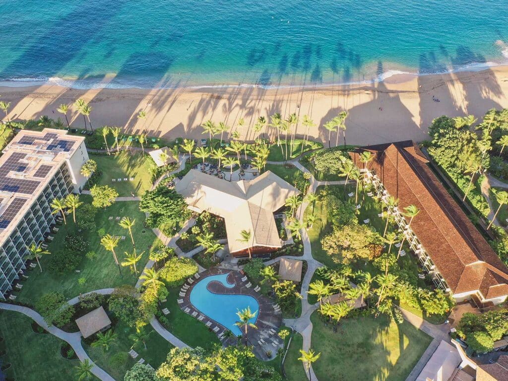 A drone’s eye view of the Kā‘anapali Beach Hotel on the island of Maui in Hawaii.