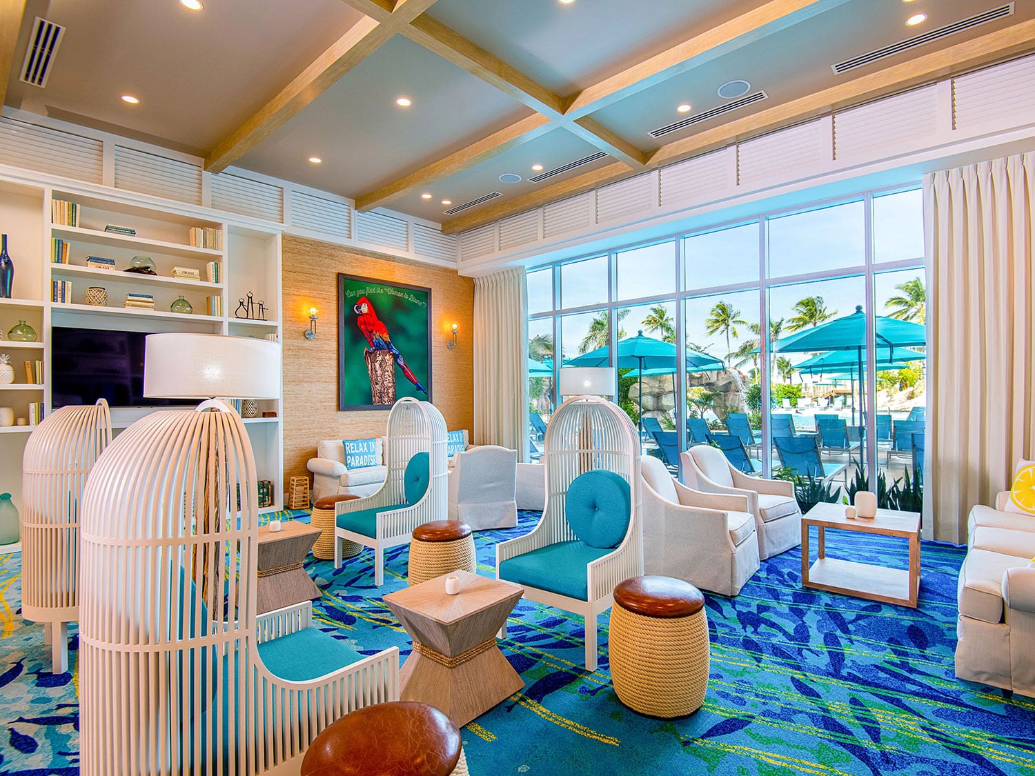 The interior lounge area at Margaritaville Beach Resort Nassau in the Bahamas.