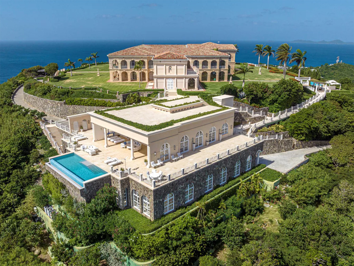 An aerial side view of The Terraces, a $200 million dream home on the Caribbean island of Mustique in St. Vincent and the Grenadines.