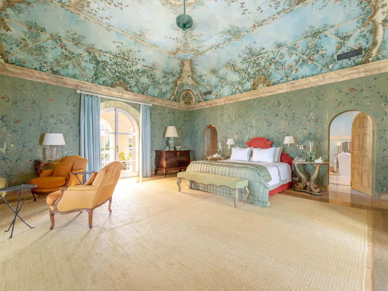 An interior view of a bedroom within The Terraces, a $200 million dream home on the Caribbean island of Mustique in St. Vincent and the Grenadines.