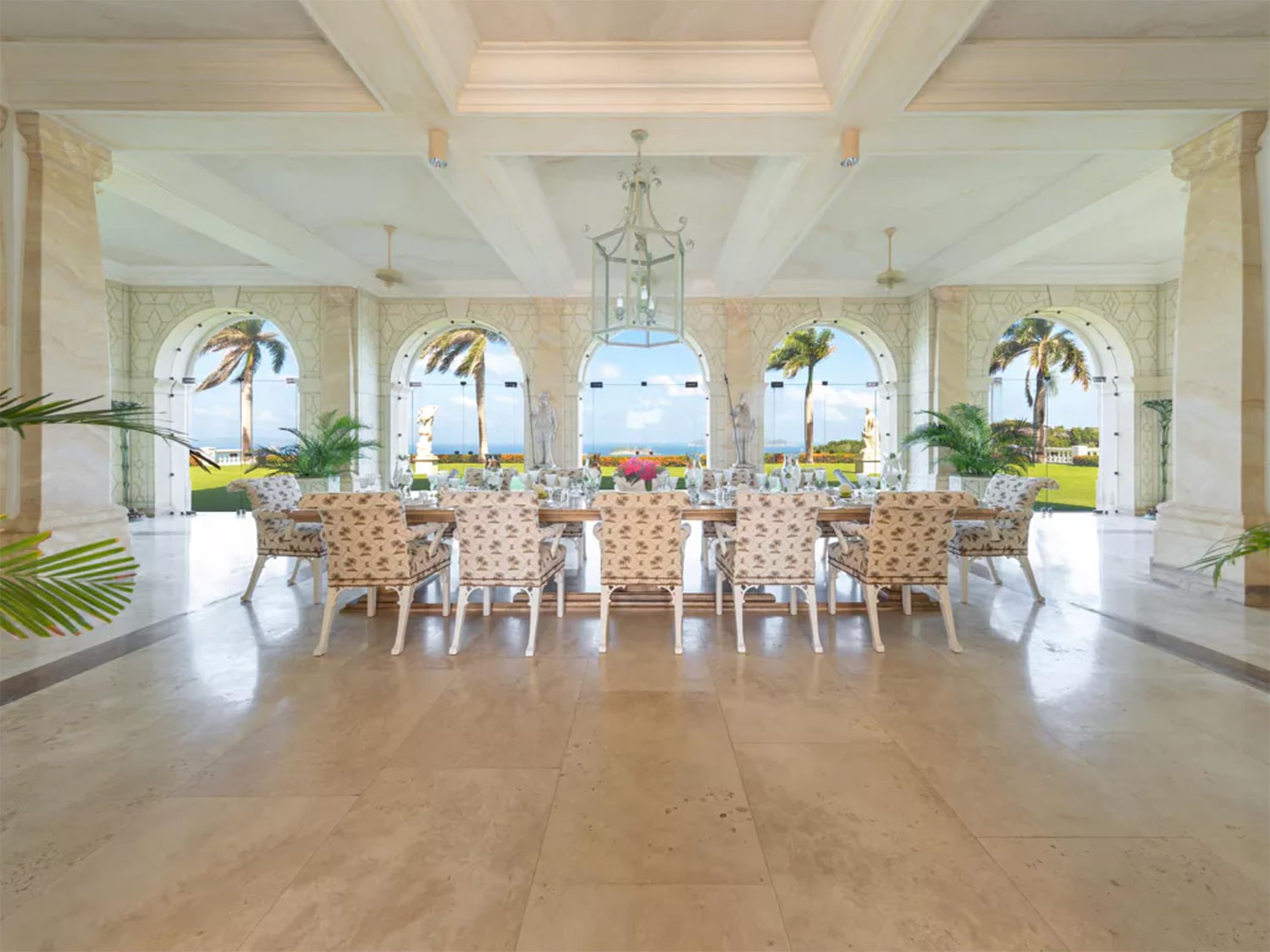 An interior view of the dining space in The Terraces, a $200 million dream home on the Caribbean island of Mustique in St. Vincent and the Grenadines.