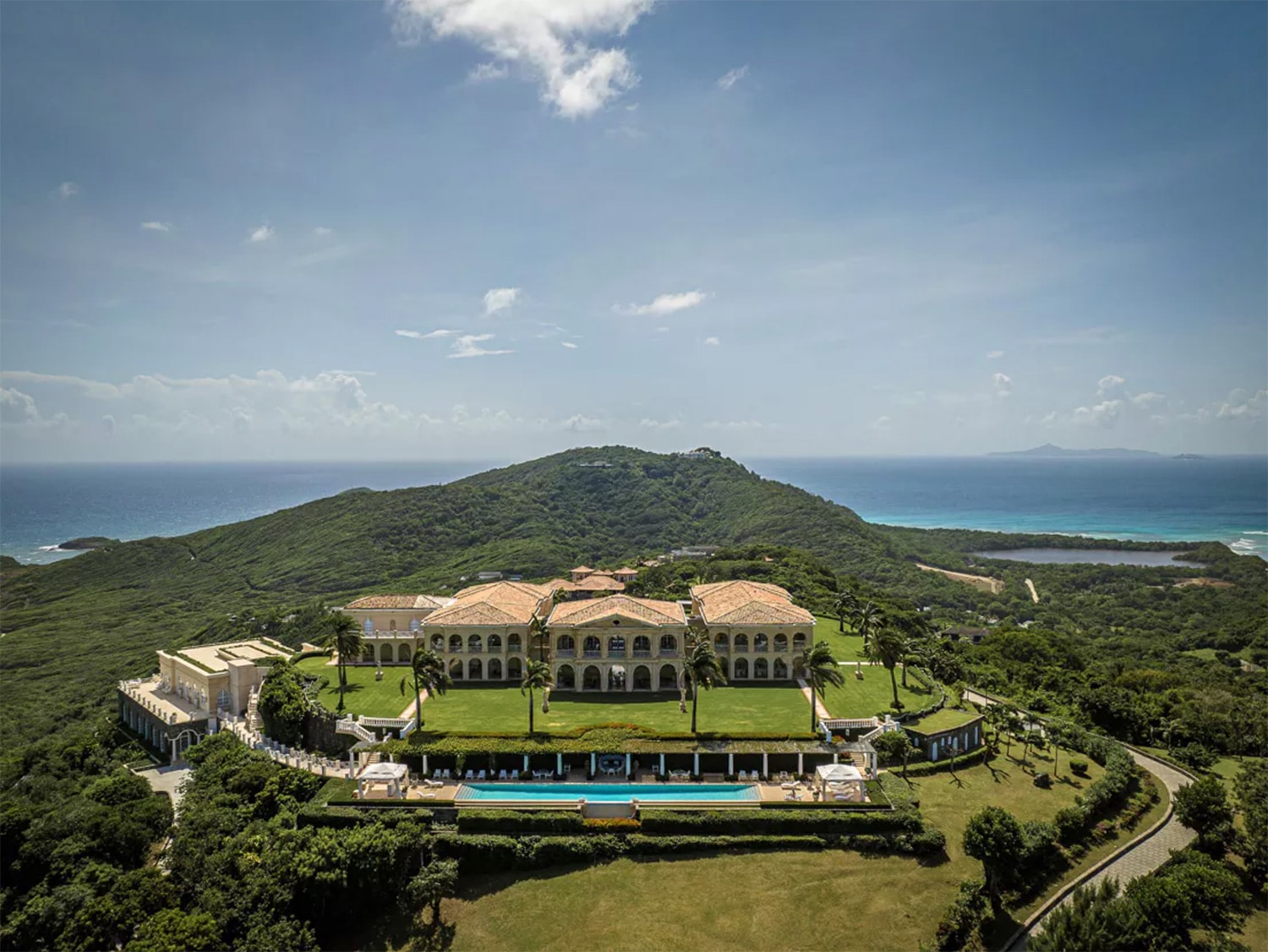 An aerial view of The Terraces, a $200 million dream home on the Caribbean island of Mustique in St. Vincent and the Grenadines.