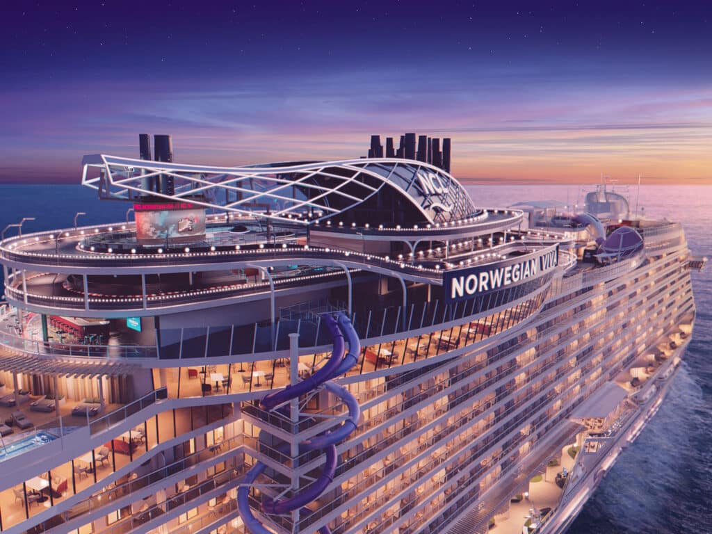 An exterior rendering of the three-level Viva Speedway on board the new Norwegian Viva cruise ship.