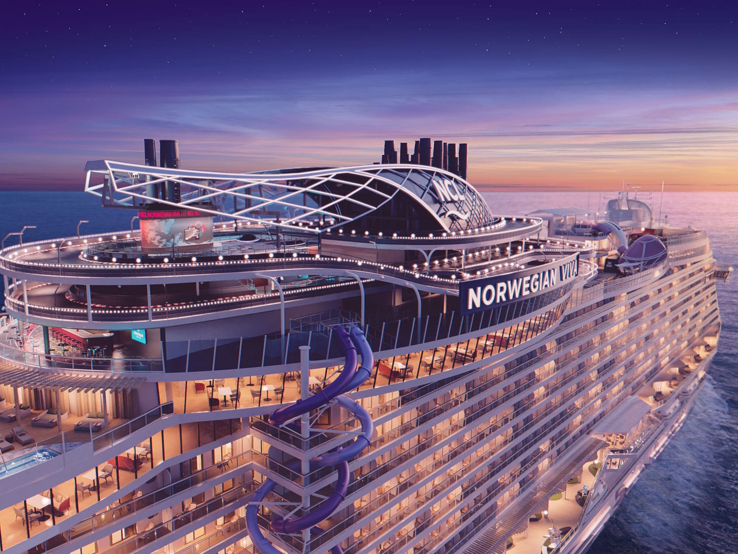 An exterior rendering of the three-level Viva Speedway on board the new Norwegian Viva cruise ship.