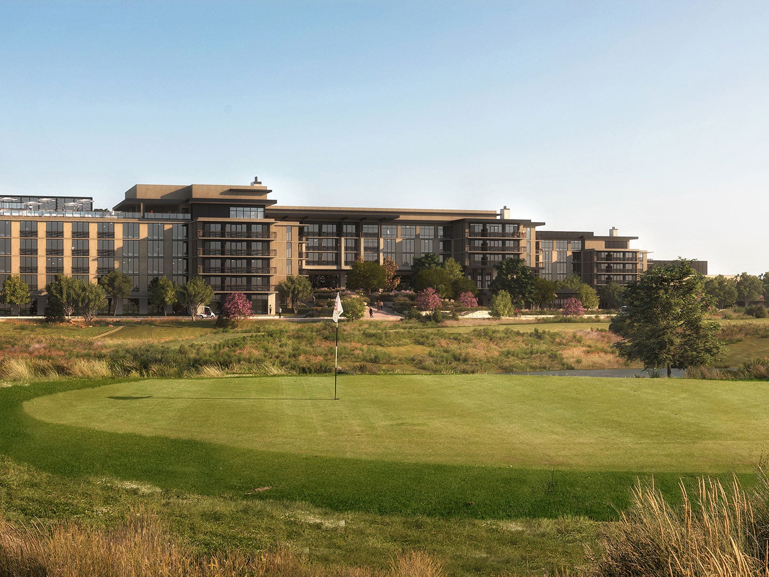 A digital rendering of the 18th hole of one of the Fields Ranch golf courses at the Omni PGA Frisco Resort in Texas.