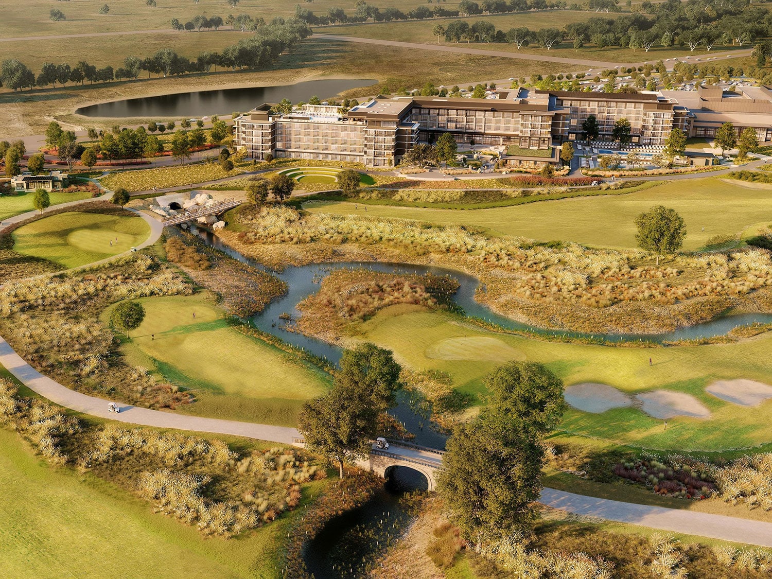 A digital rendering of an aerial view of some golf holes at the Omni PGA Frisco Resort in Texas.