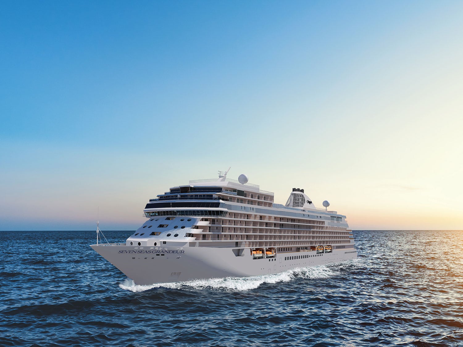 An exterior view of the Regent Seven Seas Grandeur cruise ship on the open waters.