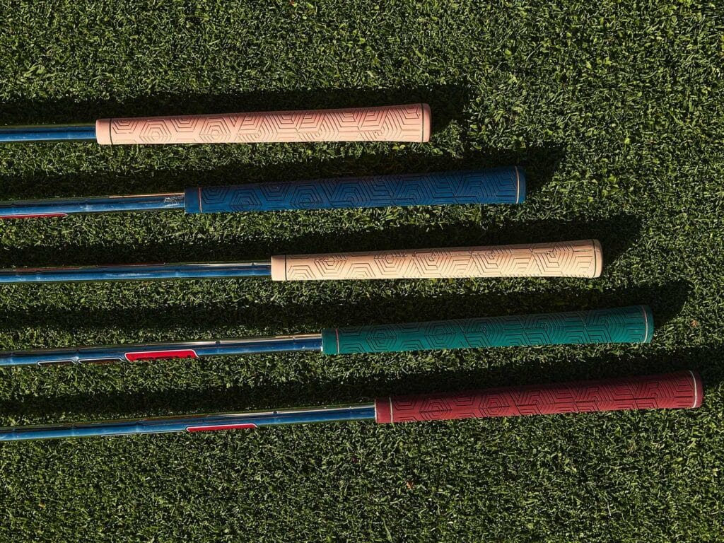 A set of Ripit Grips featuring various colors of the Geo styles on irons.