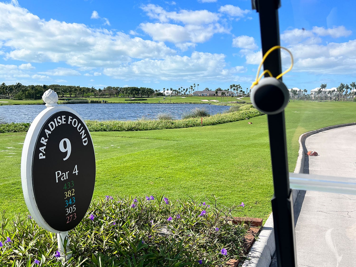 The TecTecTec Team8 Golf GPS Speaker in use on the Ocean Club Golf Course in the Bahamas.