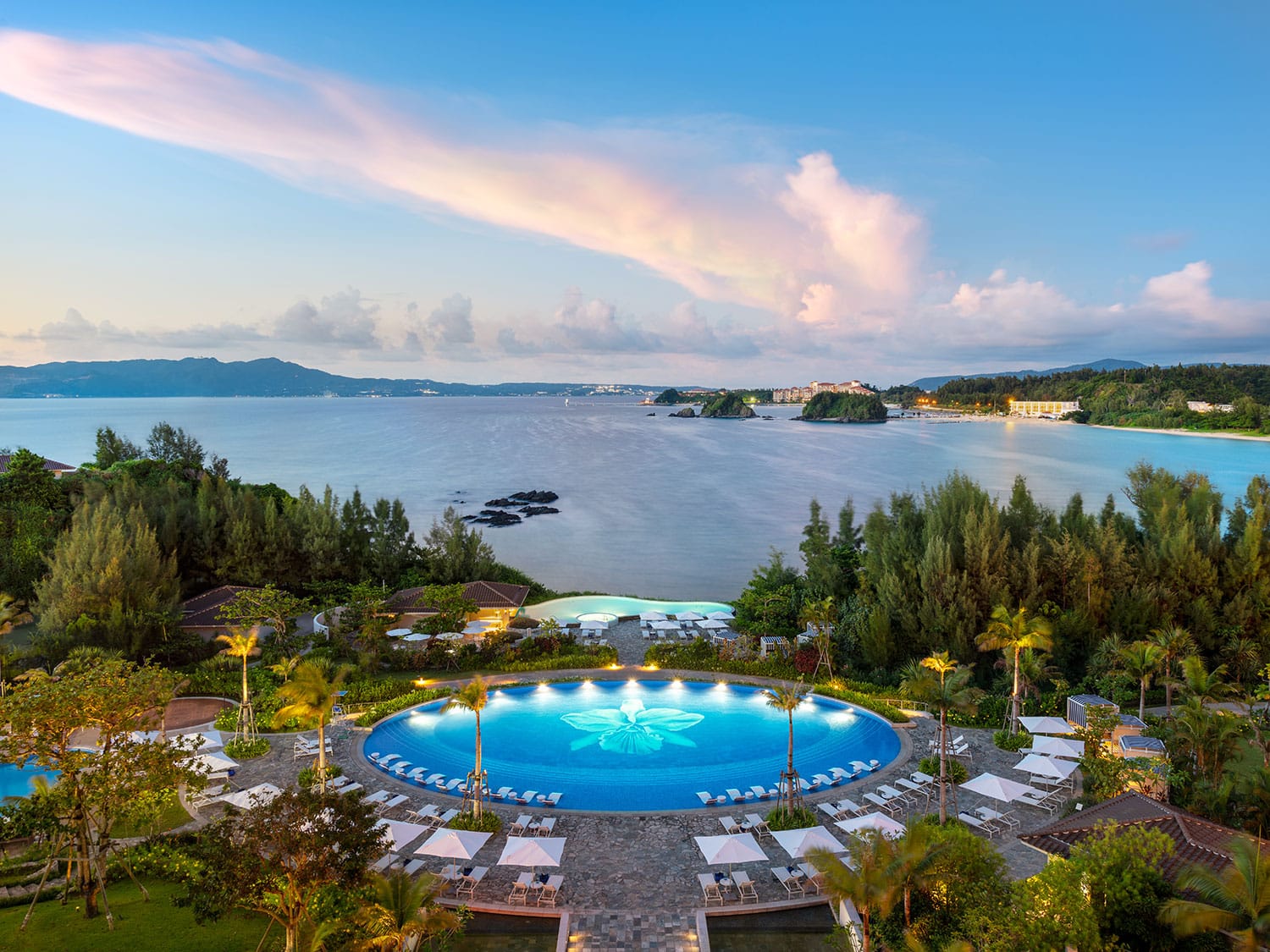 An aerial view of the Orchid Pool and natural surroundings of the Halekulani Okinawa resort in Japan.