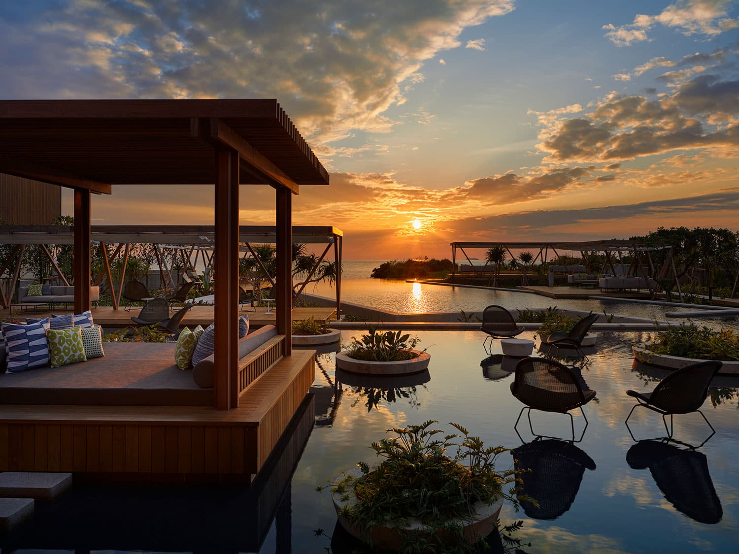 The view from the Hoshinoya Okinawa, Japan, resort’s Infinity Pool at sunset.
