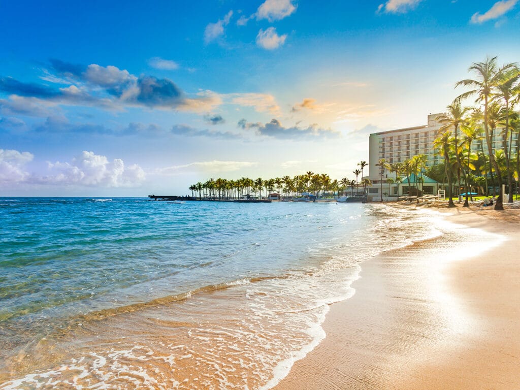 The beach at the Caribe Hilton resort in San Juan, Puerto Rico.