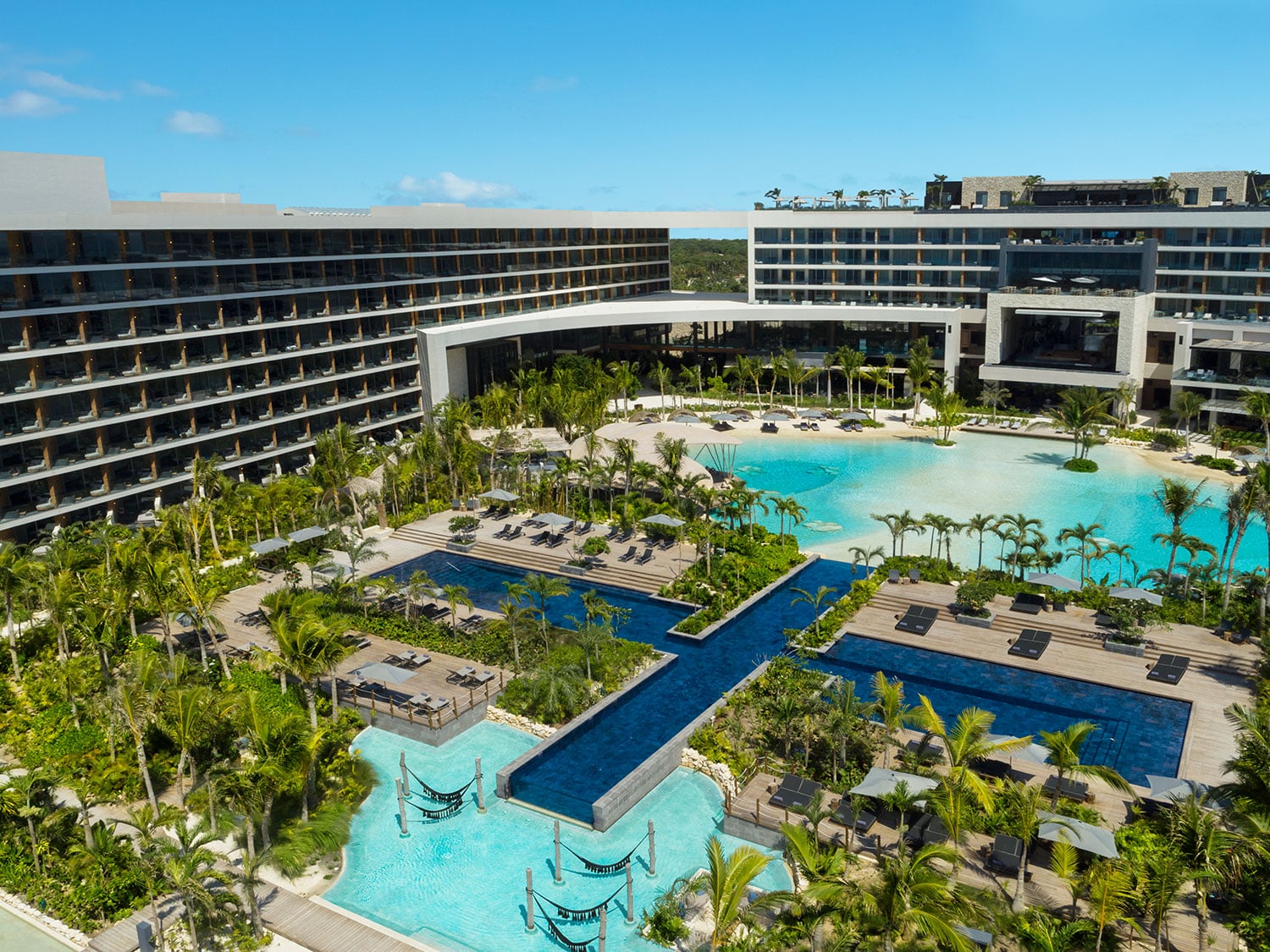 An aerial view of the property and pools at the adults-only Secrets Moxché resort in Playa del Carmen, Mexico.