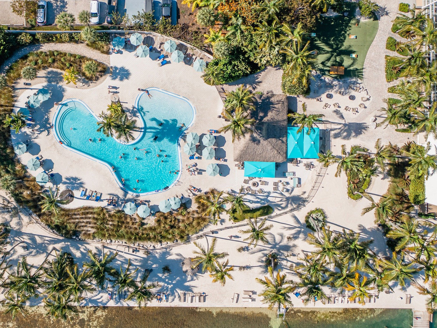 An aerial view of the pool and amenities at Amara Cay Resort in Islamorada, Florida.