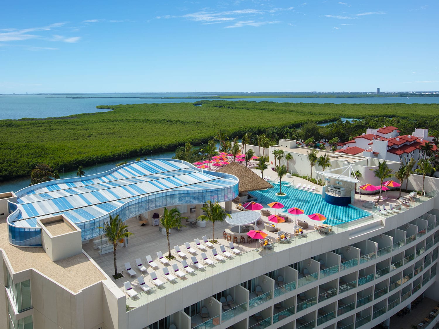 An aerial view of one of the rooftop pools at Breathless Cancun Soul Resort and Spa in Mexico.