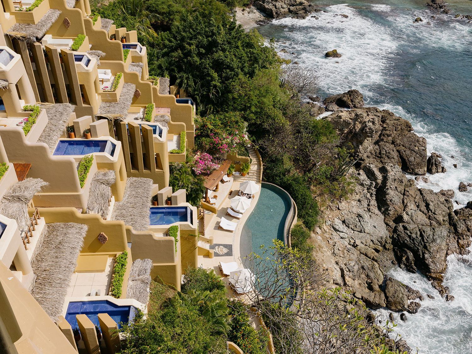 An aerial view of the terraces and private pools in the suites at Cala de Mar Resort and Spa in Mexico.