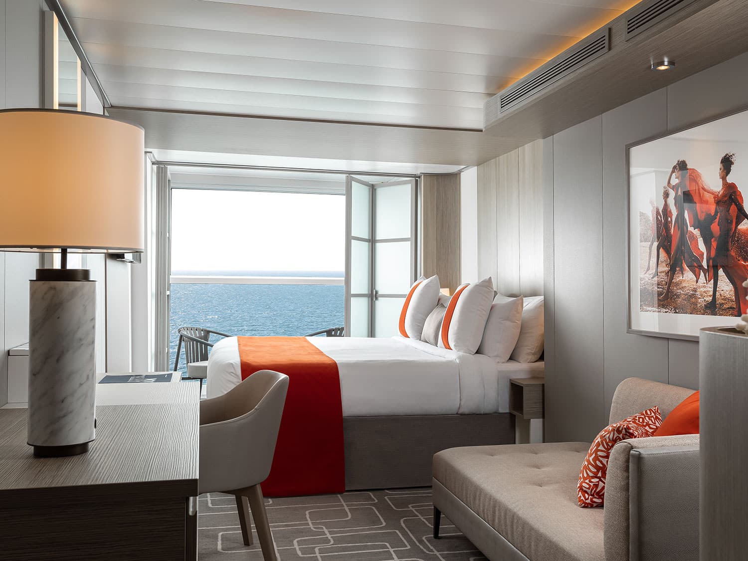 The interior view of the Celebrity Beyond cruise ship’s Edge-class Infinite Veranda stateroom.
