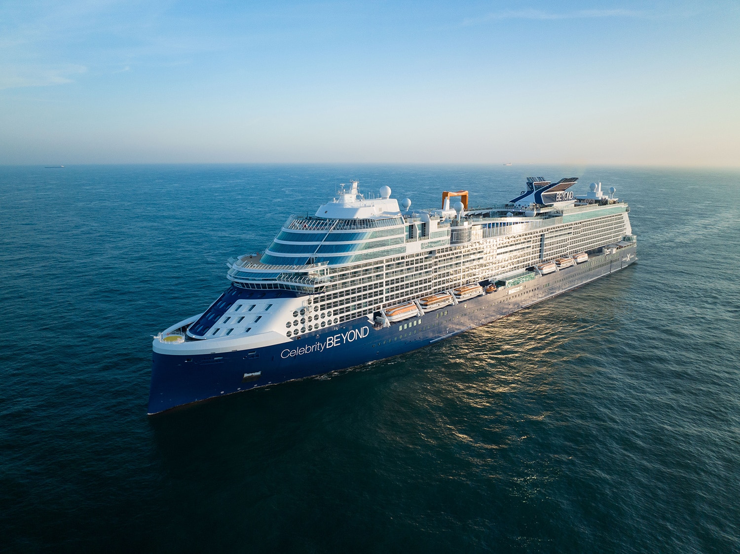 An aerial exterior view of the Celebrity Beyond cruise ship from Celebrity Cruises.