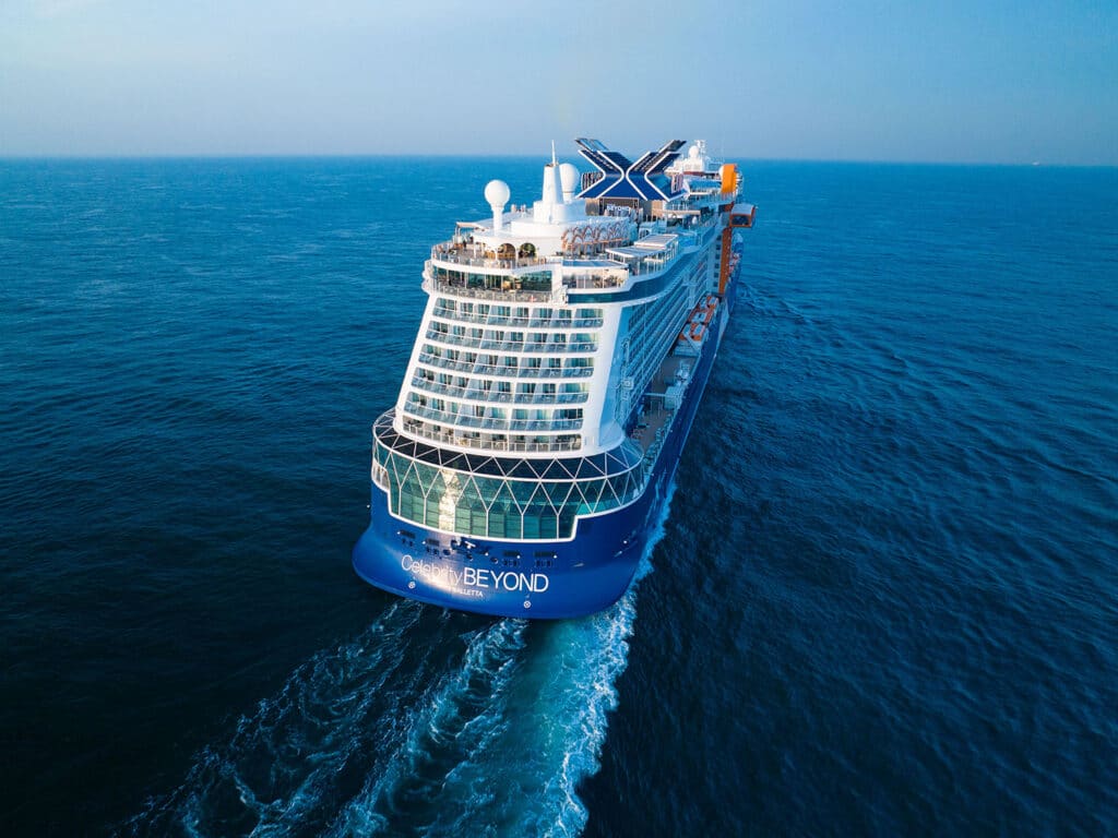 An aerial rear view of the Celebrity Beyond cruise ship from Celebrity Cruises.