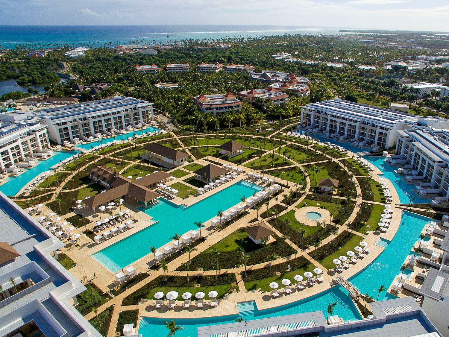 An aerial view of the property and pools at Falcon’s Resort by Melia – All Suites Punta Cana in the Dominican Republic.