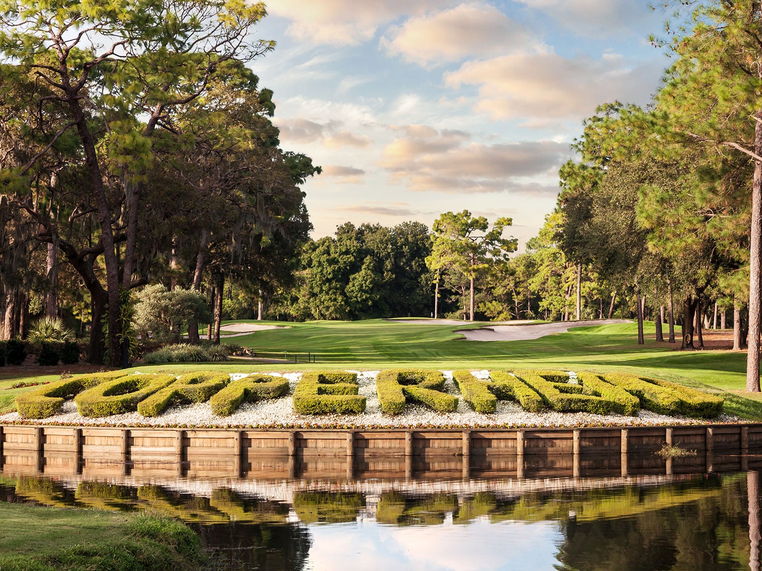 The 17th hole of the Copperhead Course at Innisbrook Golf Resort in Palm Harbor, Florida, features the name in the decorative bushes.