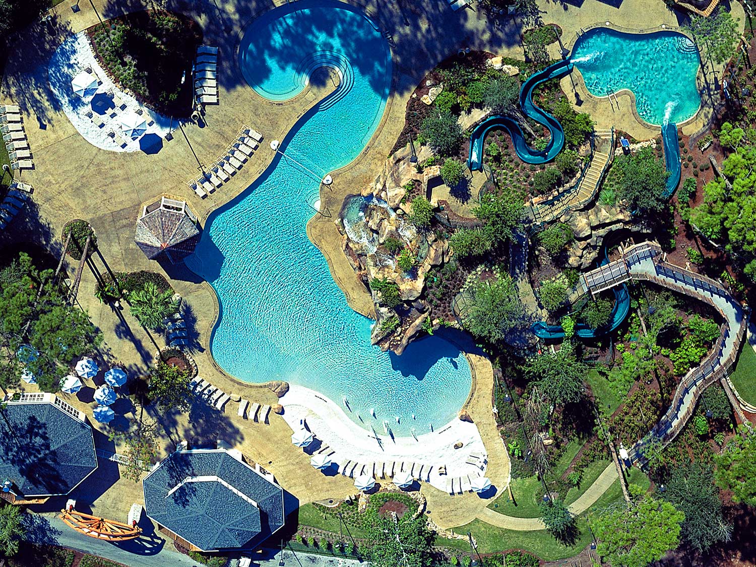 An aerial drone's eye view of the Loch Ness Pool at Innisbrook Golf Resort in Palm Harbor, Florida.