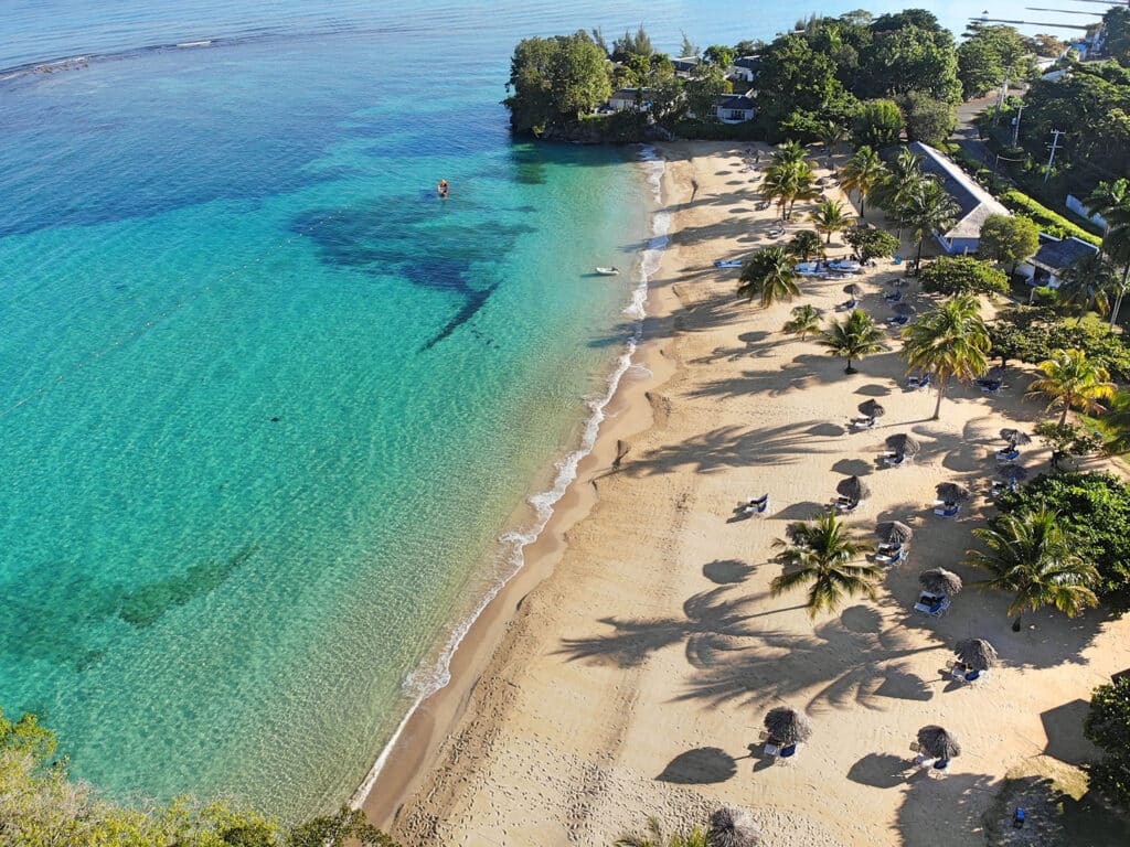 An aerial view of the beach adjacent to Jamaica Inn, located in Ocho Rios, Jamaica.