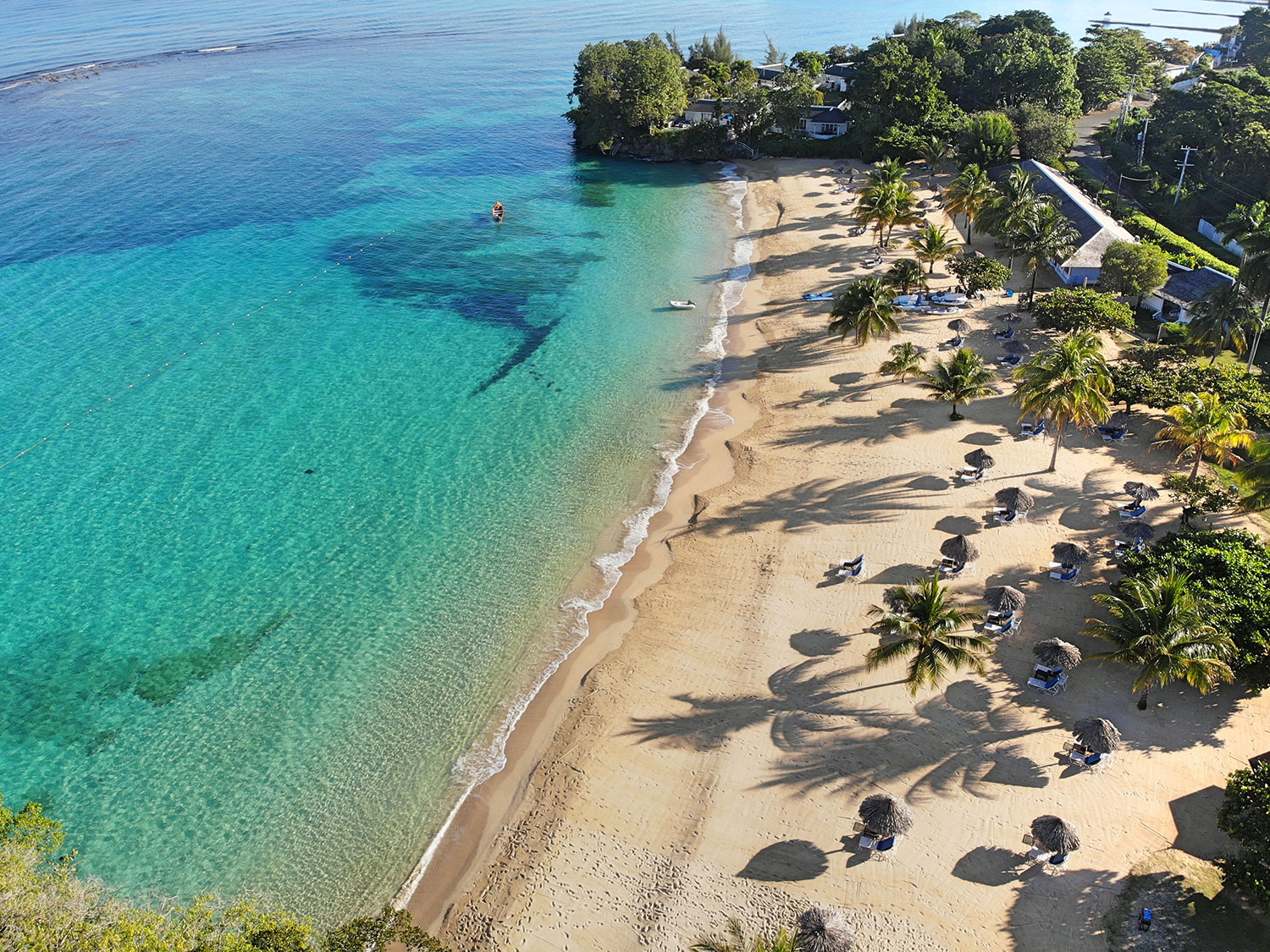 An aerial view of the beach adjacent to Jamaica Inn, located in Ocho Rios, Jamaica.