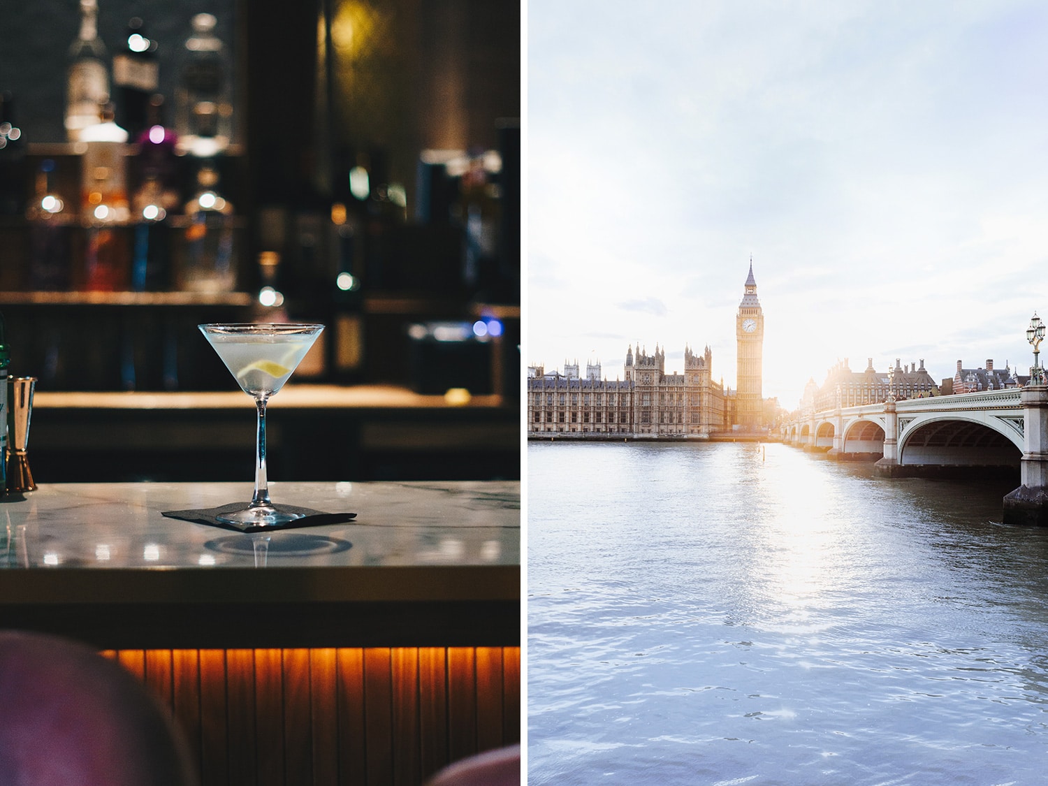 A Vesper martini, the preferred cocktail of James Bond; Big Ben as seen from the Thames River.