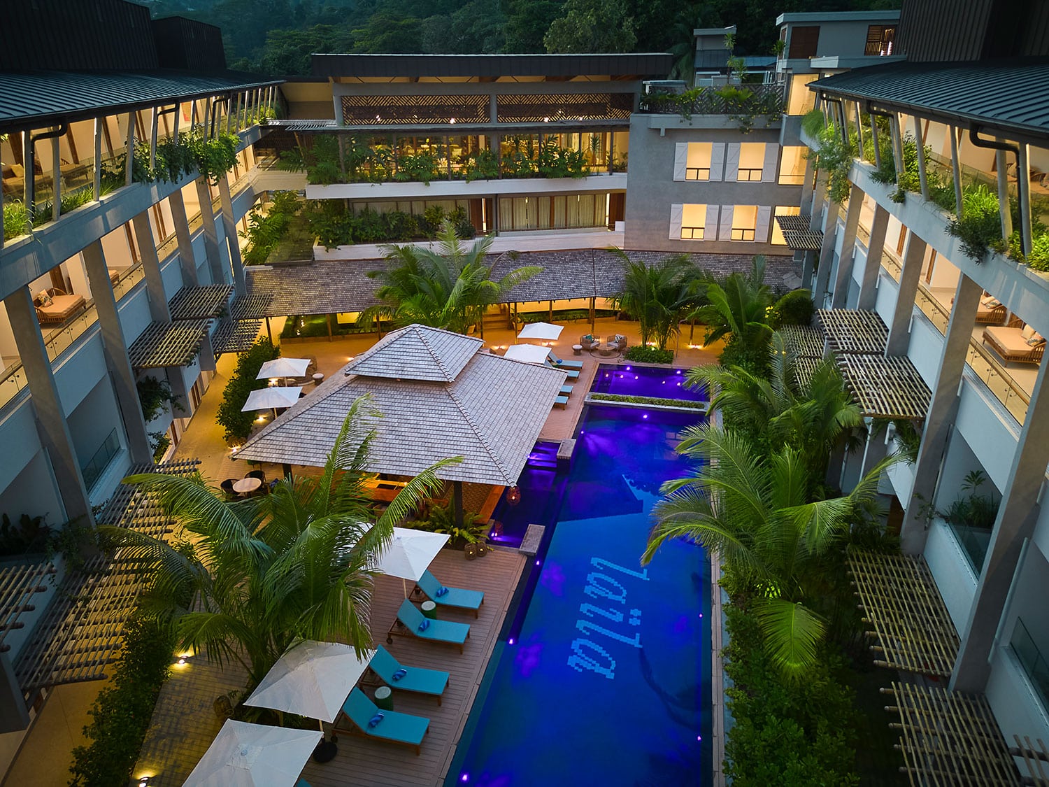 An aerial view of the pool at Laïla, Seychelles, a Tribute Portfolio Resort, Marriott's first resort in Seychelles.