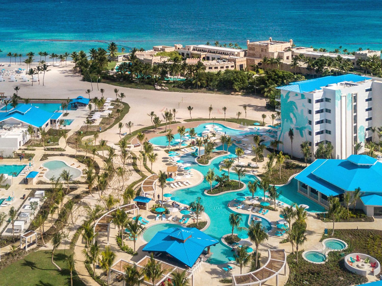 An aerial view of the property and pools at Margaritaville Island Reserve Cap Cana in the Dominican Republic.