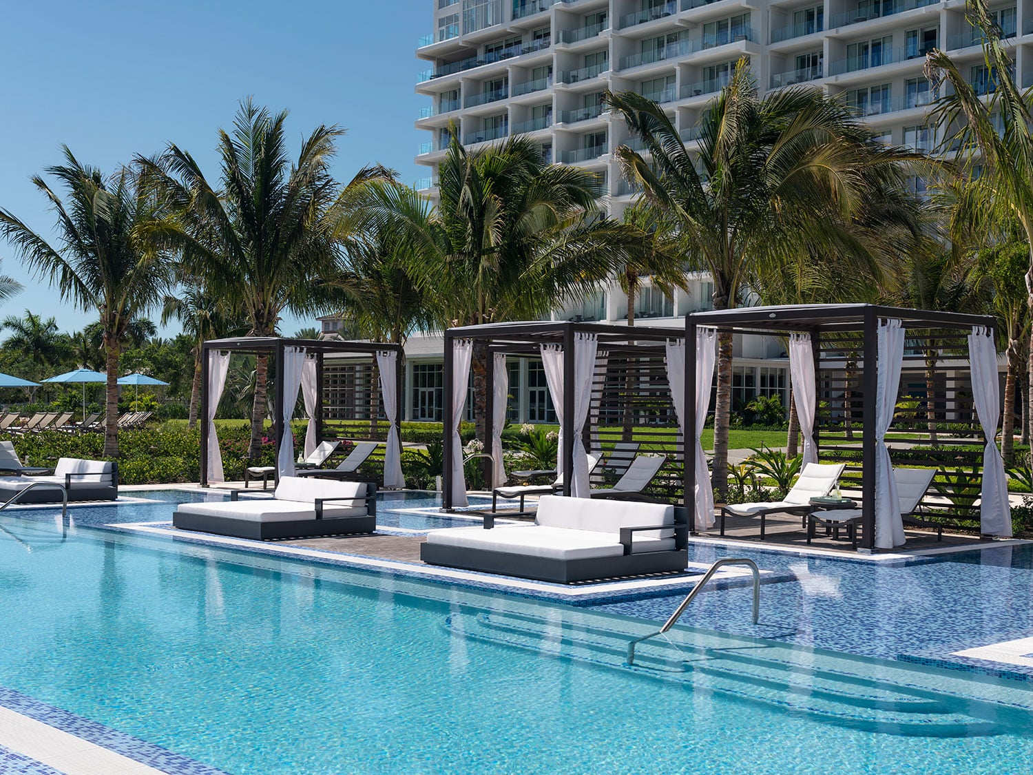 One of the pools and its private cabanas at the Ritz-Carlton, Turks and Caicos, on the island of Providenciales.