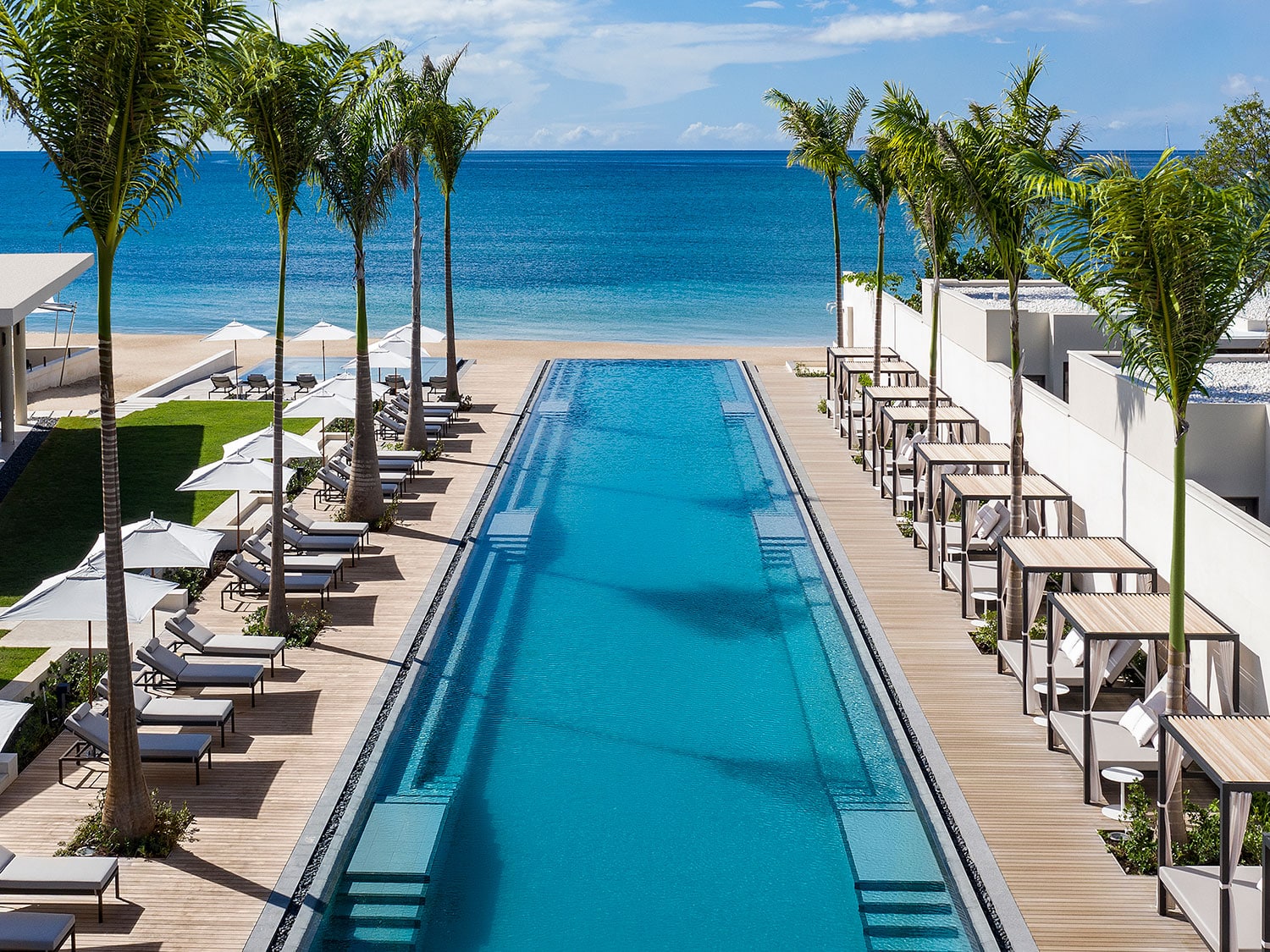 An aerial view of the very long pool at the Silversands Grenada resort in the Caribbean.