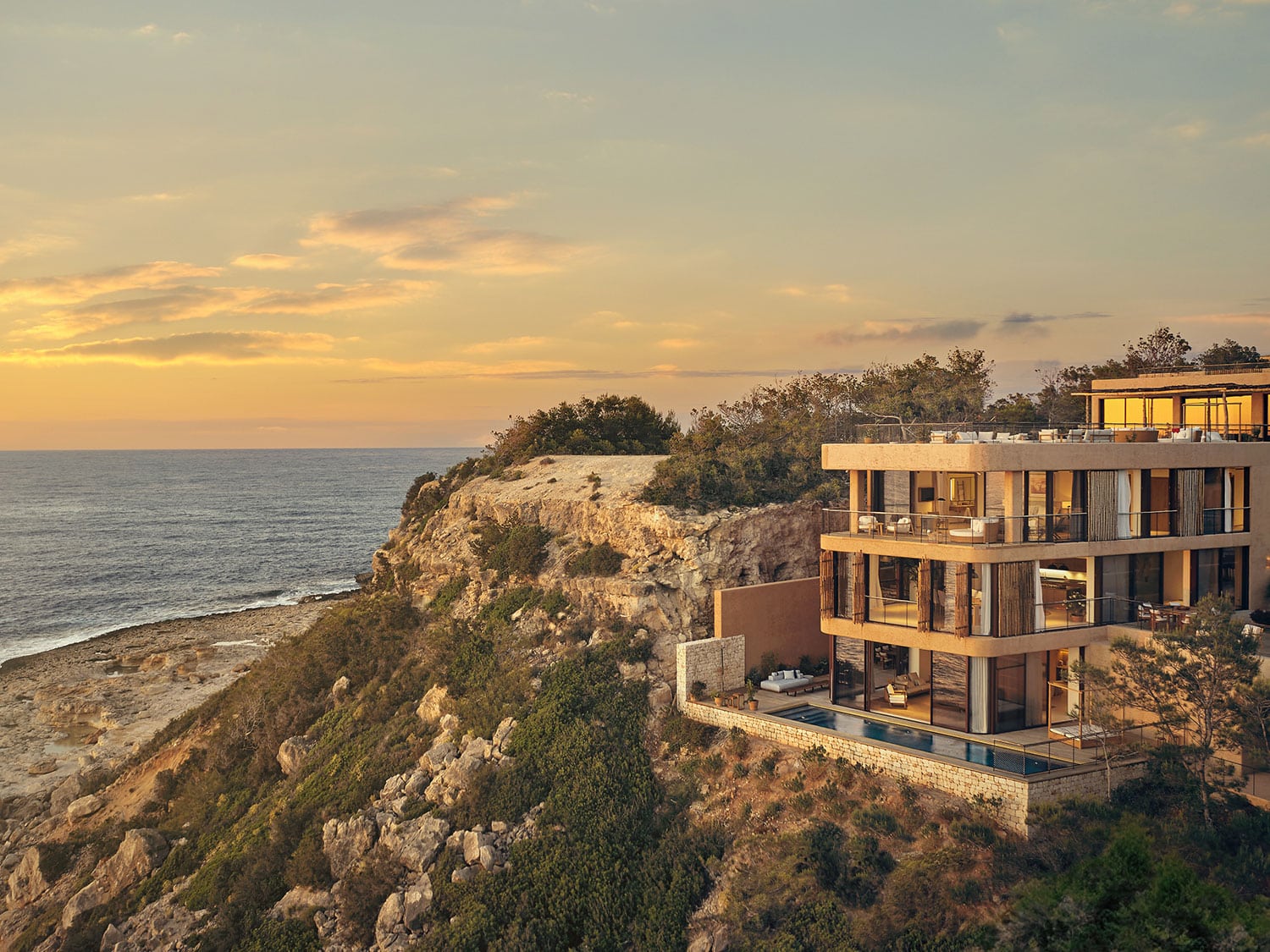 An exterior view of the five-bedroom Cliffhanger mansion at Six Senses Ibiza in the Balearic Islands, Spain.