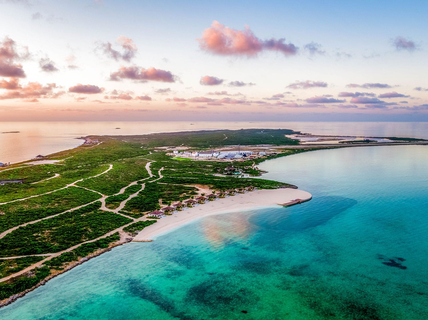 An aerial view of the property and accommodations at Ambergris Cay in Turks and Caicos.