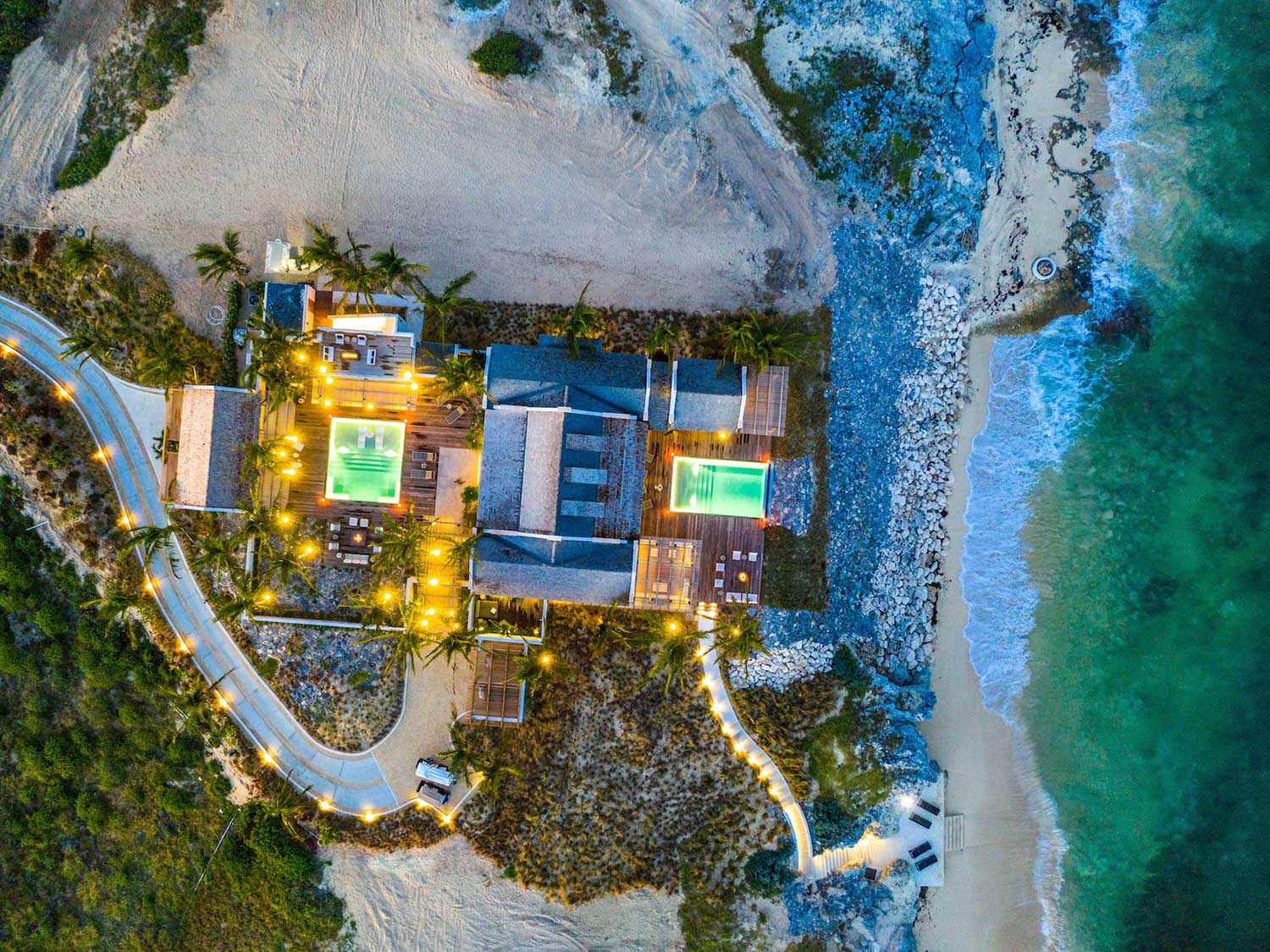 An aerial view of the Dream Pavilion accommodations at the Ambergris Cay private island resort in Turks and Caicos.