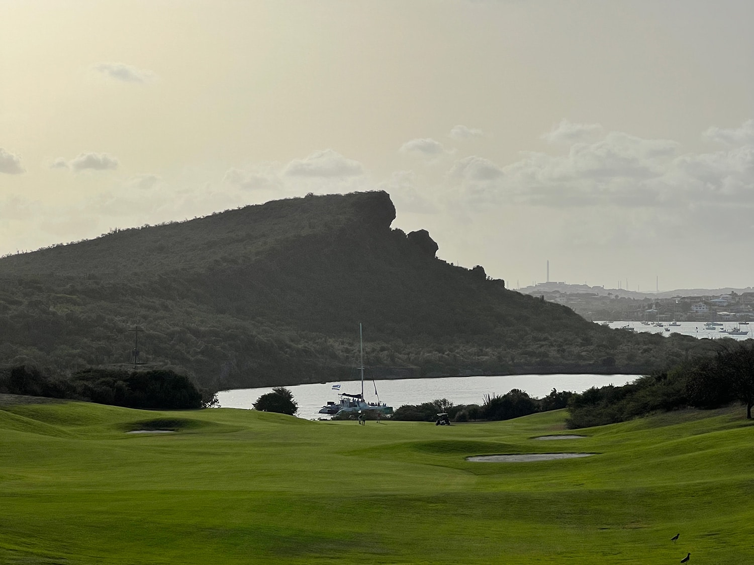 A view of the green and water on Hole 18 at Old Quarry Golf Course on the Dutch Caribbean island of Curaçao.