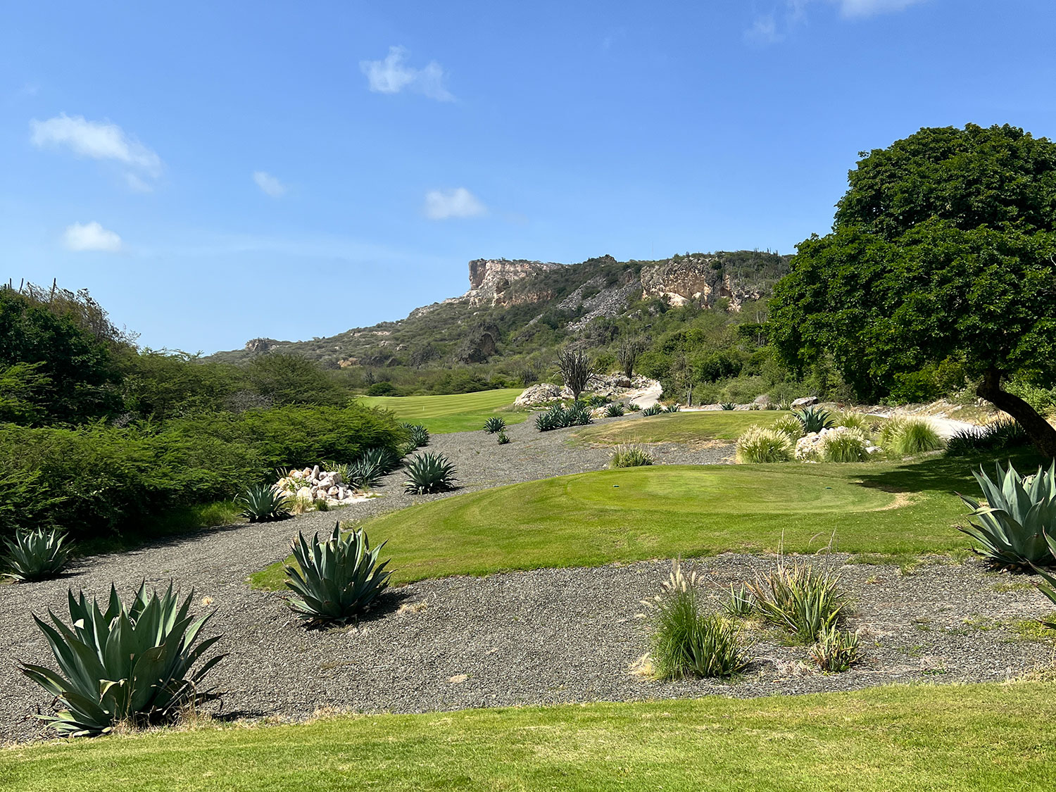 The view from the tee box on Hole 4 at Old Quarry Golf Course on the Dutch Caribbean island of Curaçao.