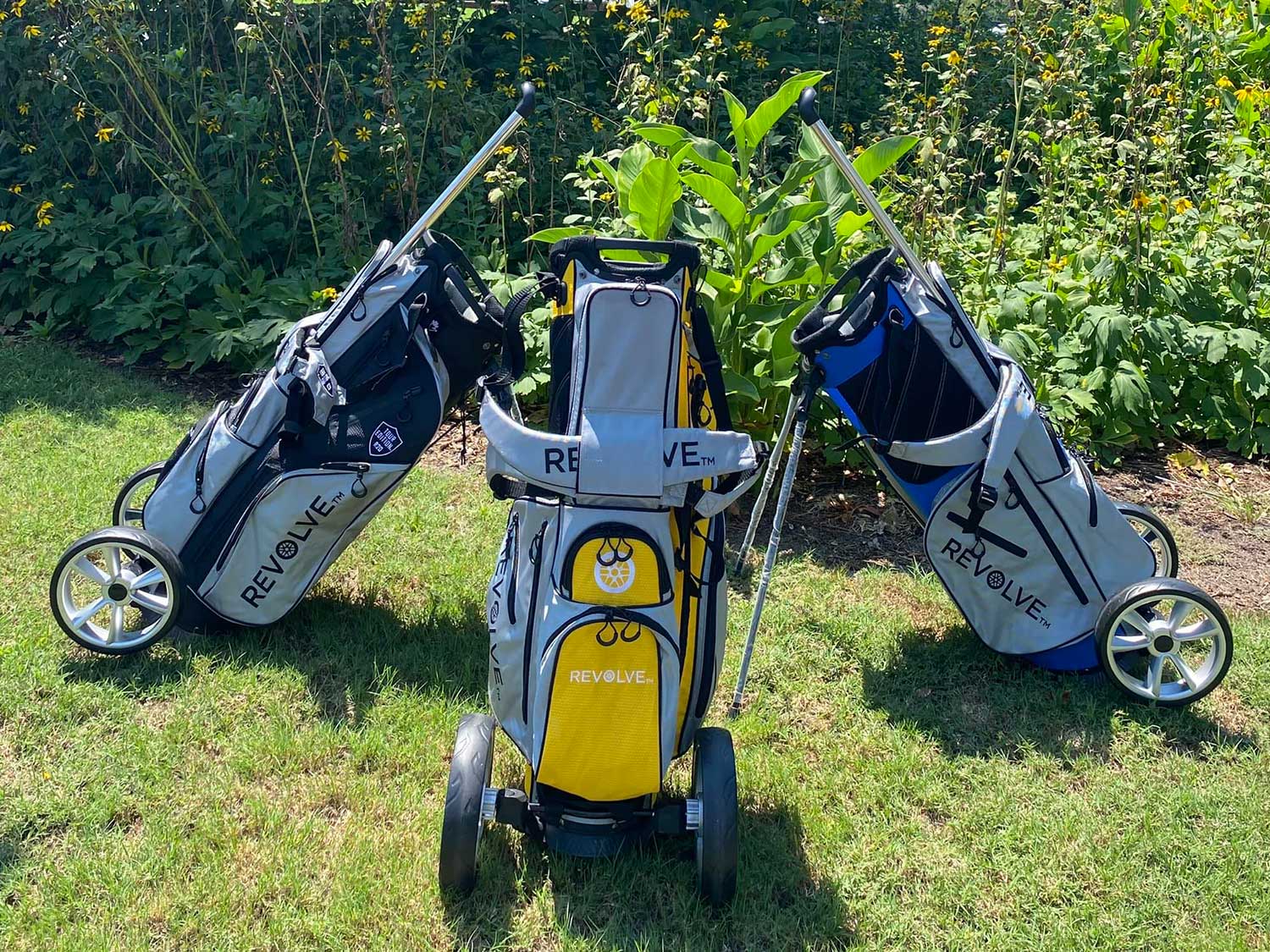 A trio of Revolve Golf Bags.