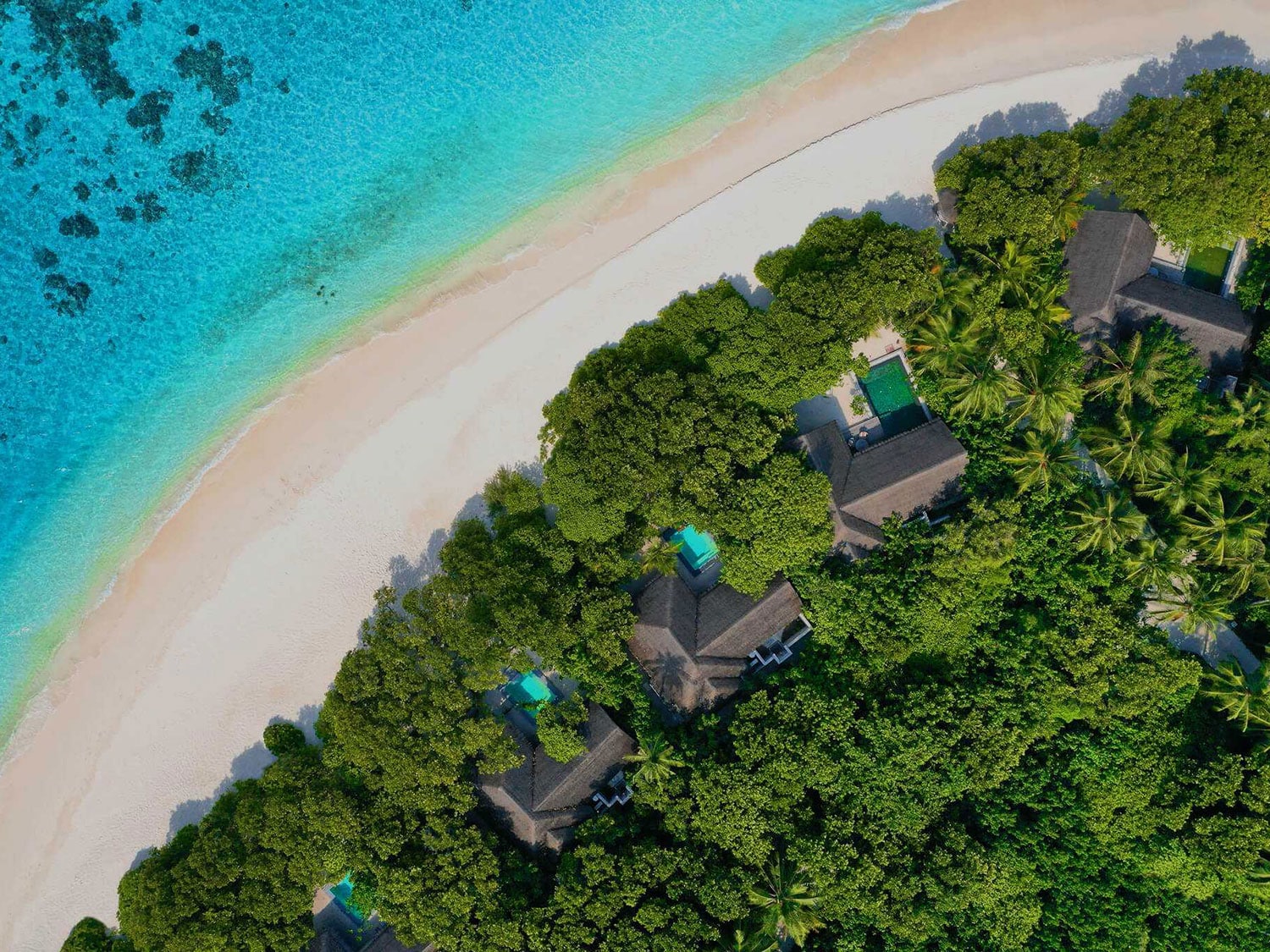 An aerial view of the beach villas at the Vakkaru Maldives resort.