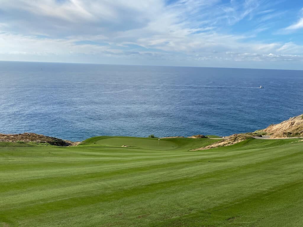 The fairway view of the green on the 5th hole at Quivira Golf Club.