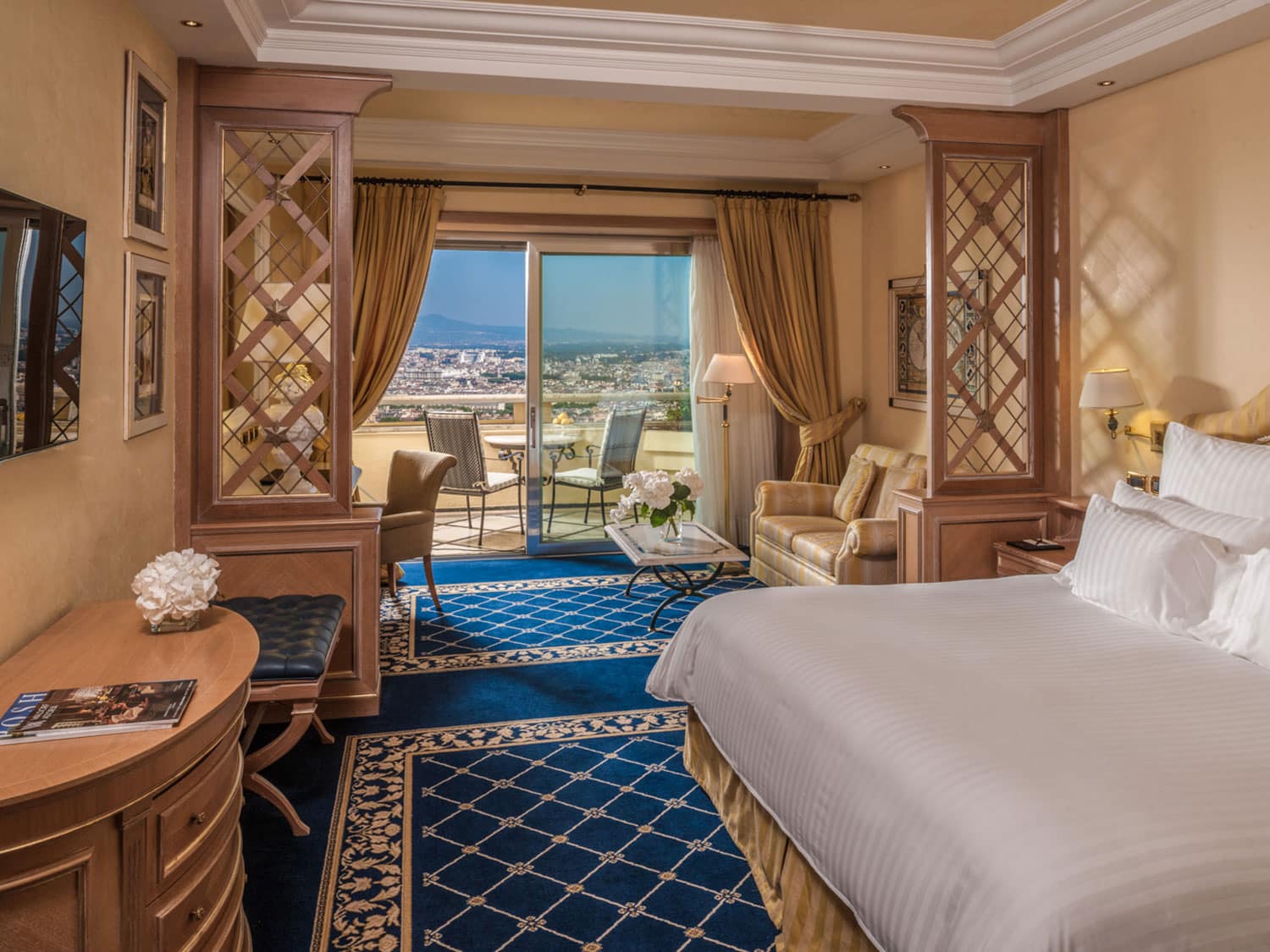 The interior of an Imperial Club suite at Rome Cavalieri, A Waldorf Astoria Hotel, in Italy.