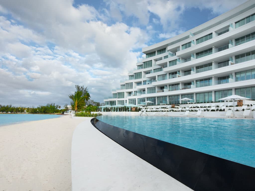 The pool and beach at the Goldwynn Resort in Nassau, Bahamas.