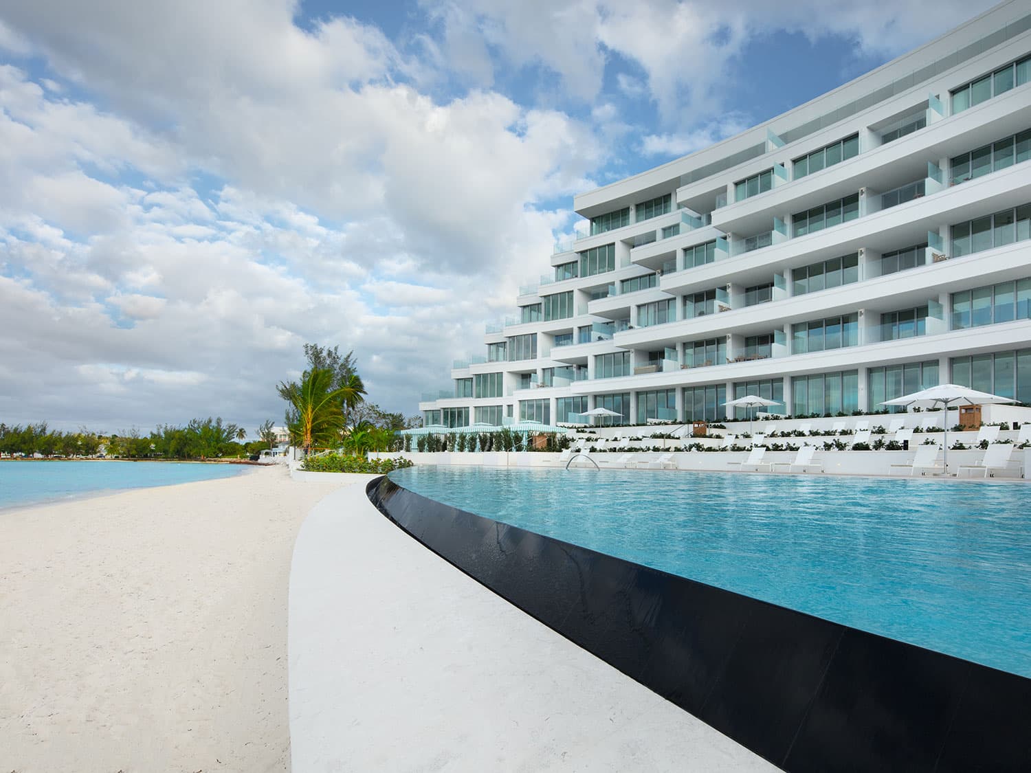The pool and beach at the Goldwynn Resort in Nassau, Bahamas.