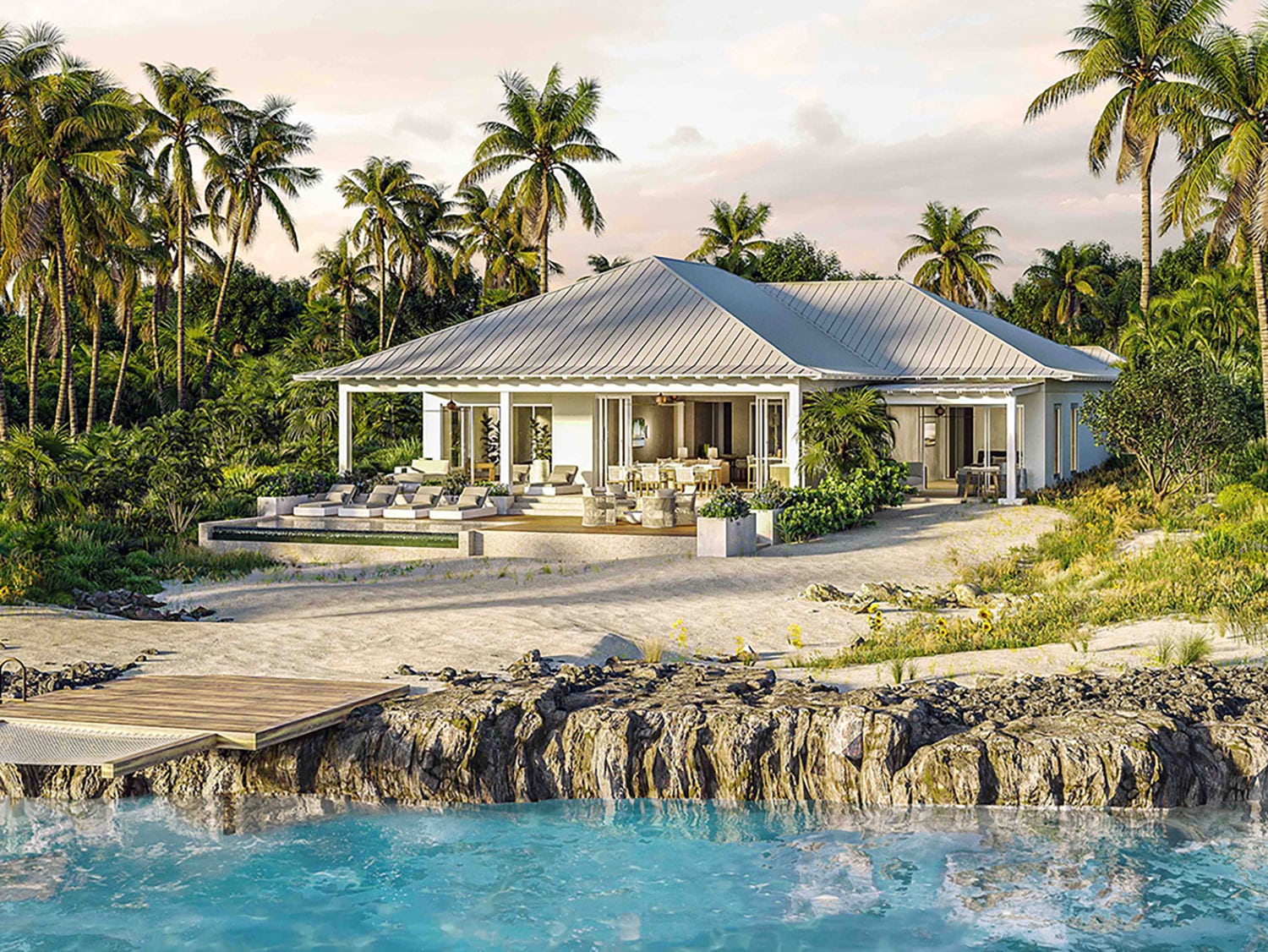 The rear view of Jasmine, a home in The Residences at Montage Cay, in the Abacos, Bahamas.