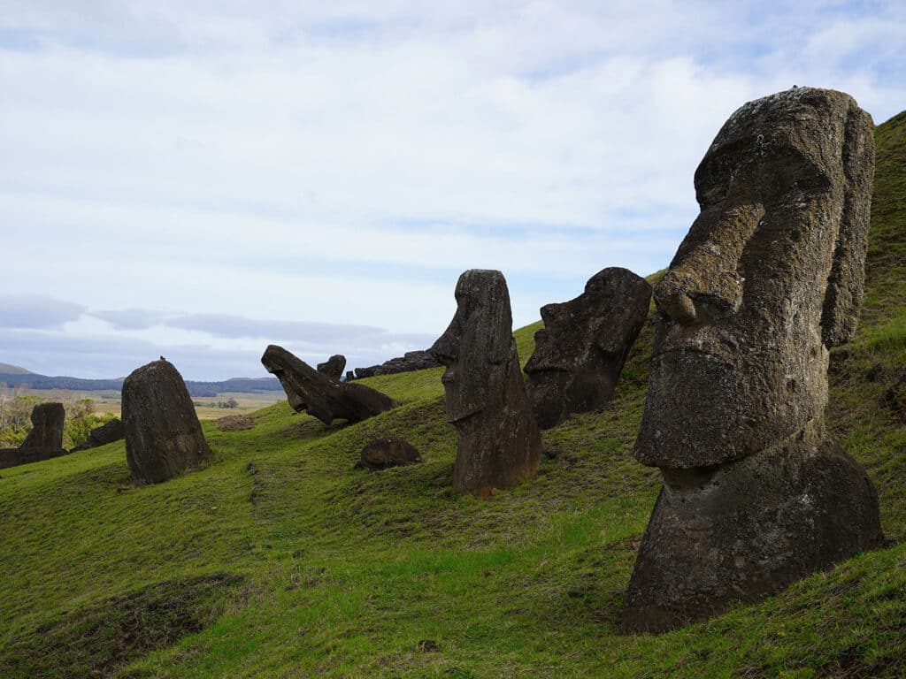 Some of the large moai figures located at the Rano Raraku crater on Easter Island.