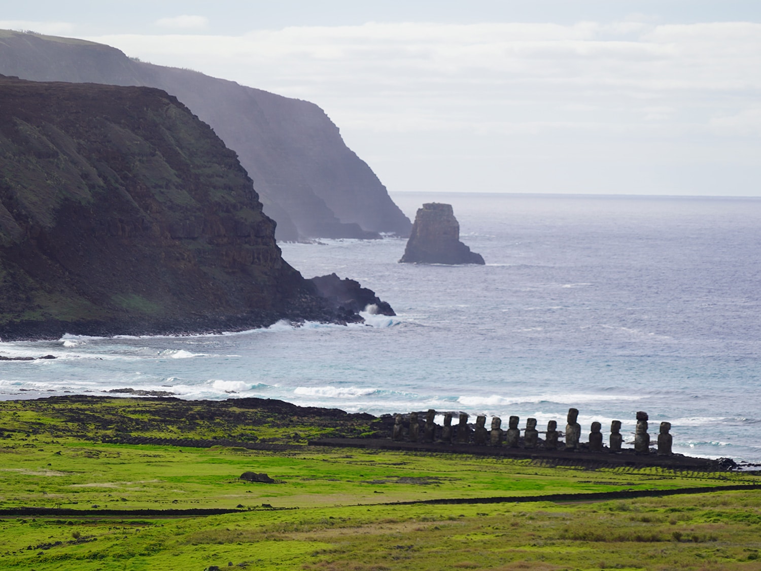 A view of the moai in Tongariki, Easter Island.