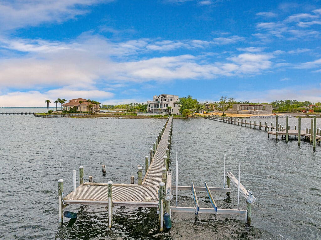 The dock of a three-story home on North Bay in the Florida panhandle.
