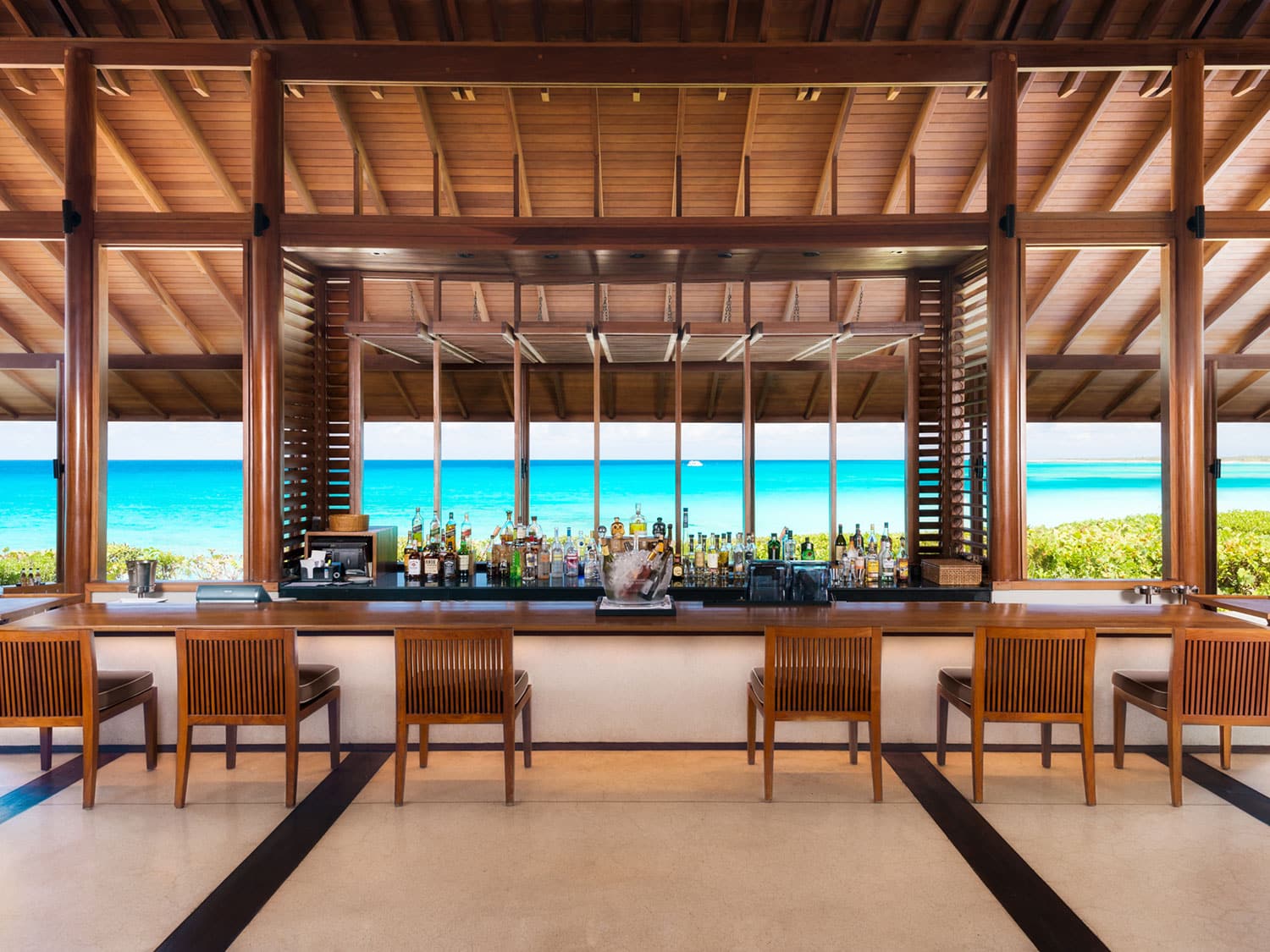 The interior of the Beach Club bar at Amanyara in Turks and Caicos.