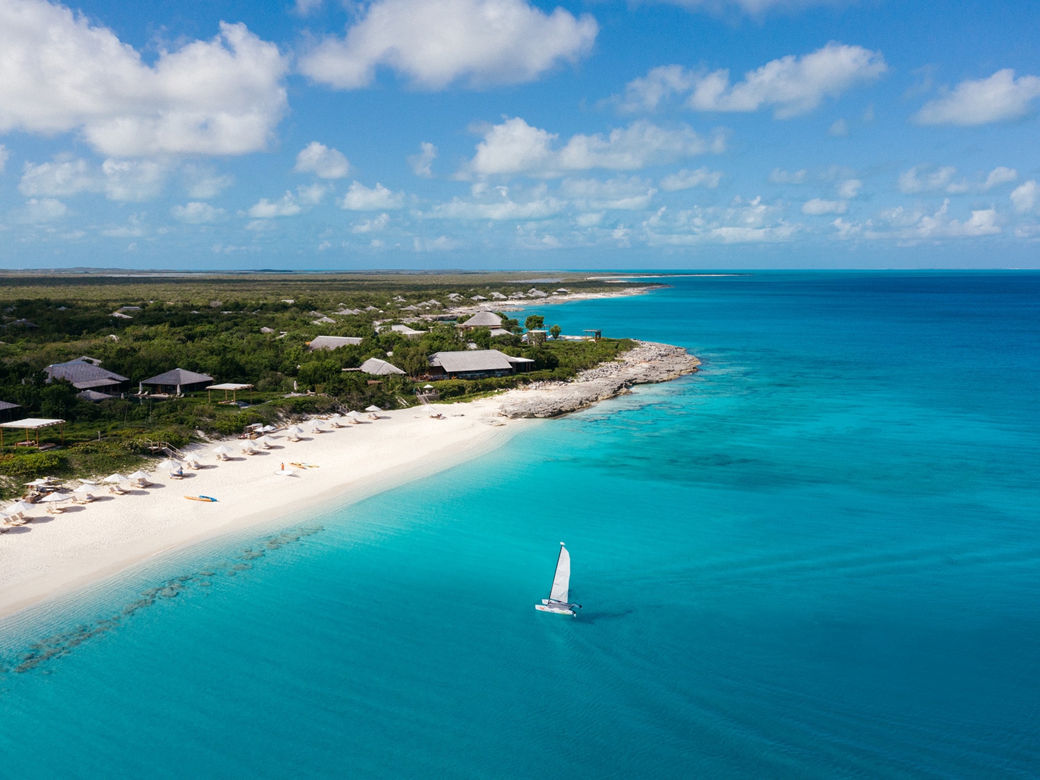 An aerial view of the beach and property at Amanyara in Turks and Caicos.